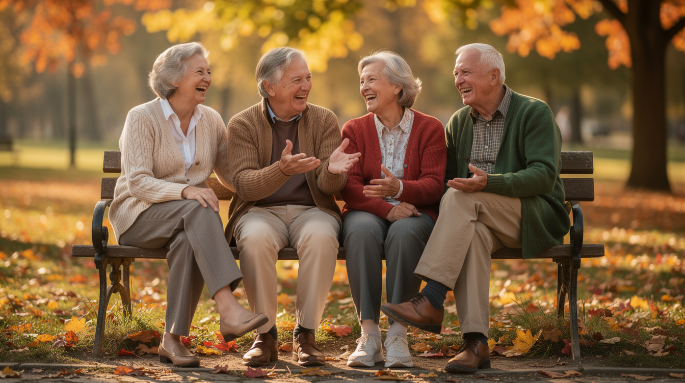 Group of active senior friends laughing together outdoors