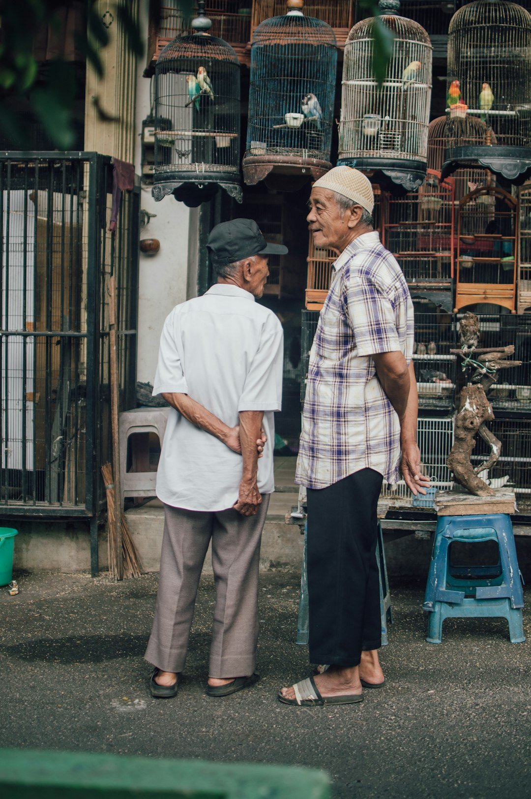 Senior couple shopping and smiling at a local market